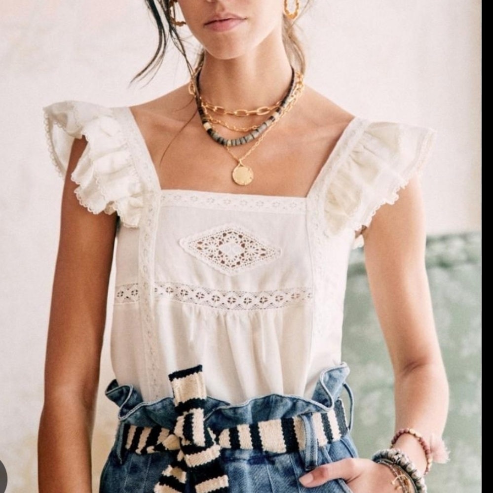 Sézane Zora Linen Cotton Embroidered Top Ecru